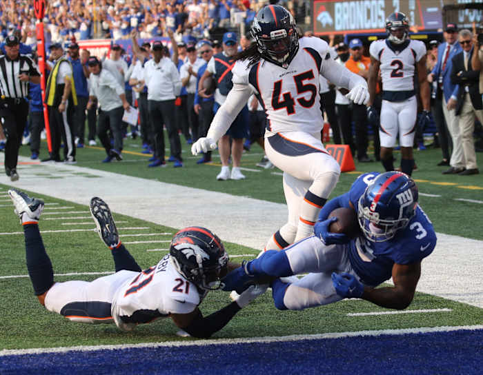 Sterling Shepard of the Giants scores a first half TD as the Denver Broncos came to MetLife Stadium in East Rutherford, NJ to play the New York Giants in the first game of the 2021 season on September 12, 2021.